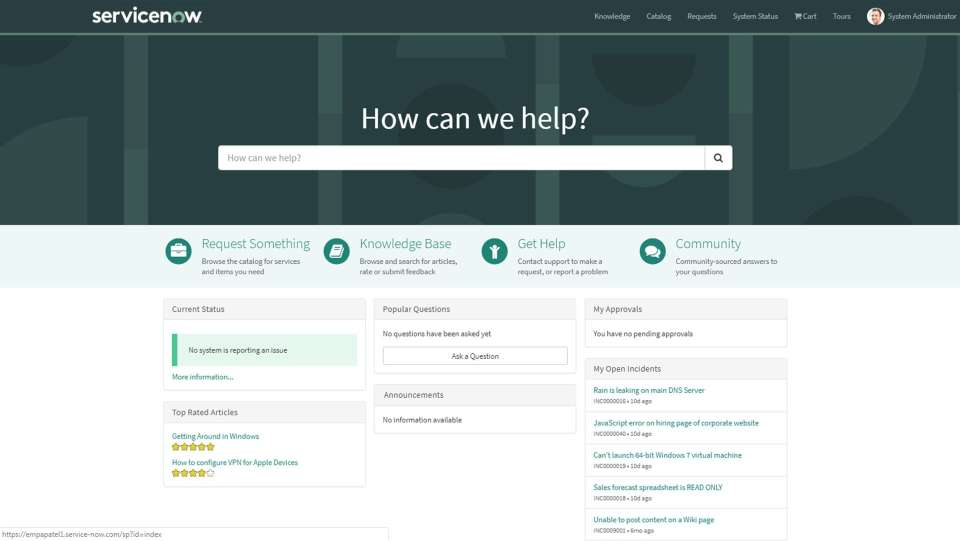 Baseline service portal screenshot