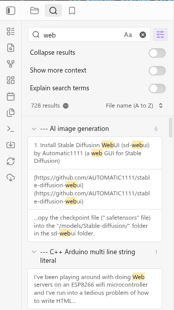 Obsidian search results