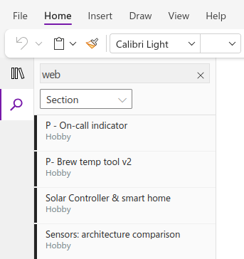 OneNote web searching section