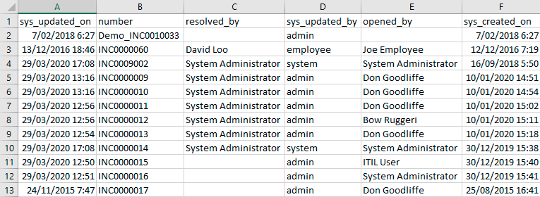 CSV Export example, system values