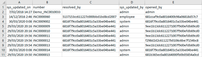 CSV Export example, system values